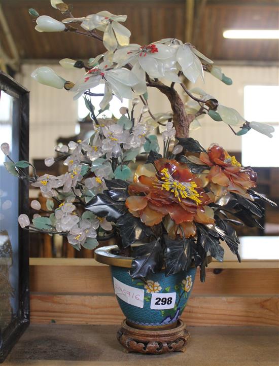 Chinese hardstone tree with cloisonne pot(-)